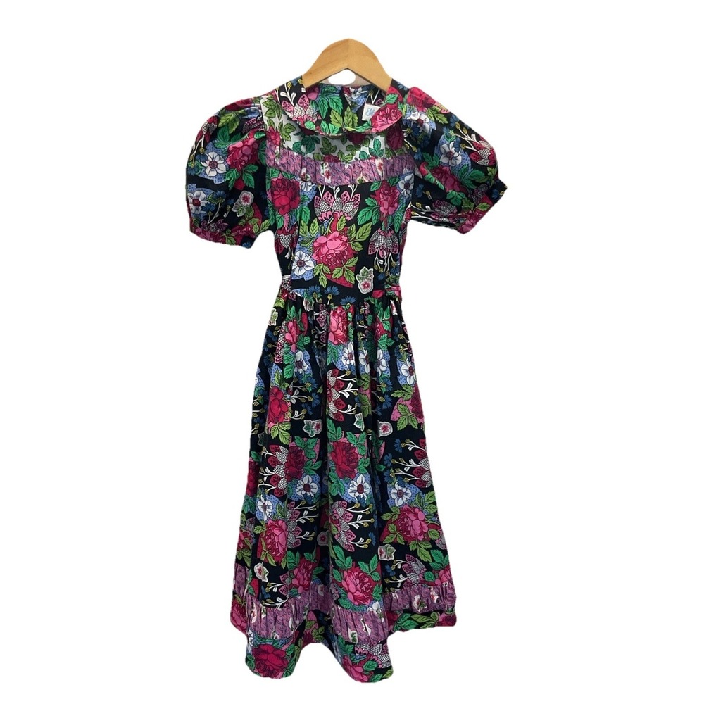 Mousefeathers VTG Girls Black floral Dress Puff sleeve‎ Cottagecore Prairie 10